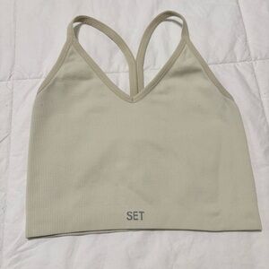 SET Active Sculptflex cream Ribbed V Neck Athletic Top / Sports Bra